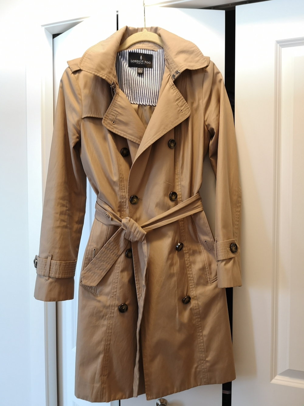 London Fog Tan Double-Breasted Trench Coat with Waist Tie